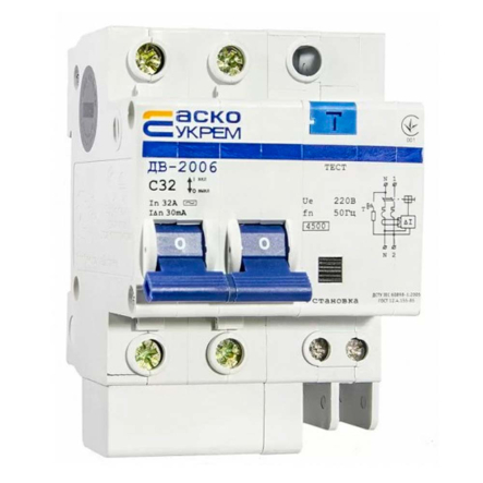 Автоматический выключатель дифференциального тока АСКО-УКРЕМ ДВ-2006, 2р, C 32А/30 мА, A0030030003