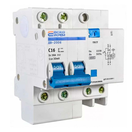 Автоматический выключатель дифференциального тока АСКО-УКРЕМ ДВ-2006, 2р, C 16А/30 мА, A0030030001
