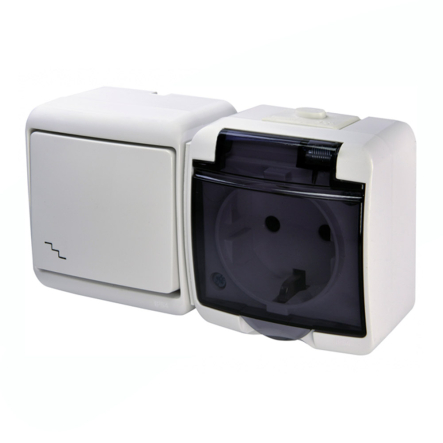 Микс горизонтальный (прох. выкл.+1-я розетка schuko дымчатая кр.) (IP44) белый, VRHH-3sd Hermetics, ETI - 1