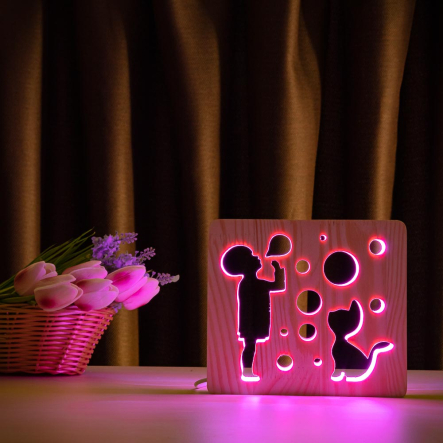 Ночник LED деревянный Мальчик и пузыри (RGB/1)