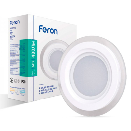 Светильник светодиодный FERON AL2110, 6W, 5000K, 480Lm, круглый, встраиваемый, 100х40мм, 6243 - 1