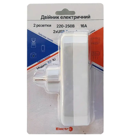 Сетевой разветвитель ElectrO, B2-1U (2 розетки + 2 USB), 16A, 250В