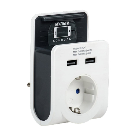 Адаптер Т-02/01 1 место 2P+PE 16А 2хUSB 2,4А белый - 1
