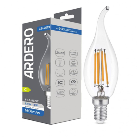 Лампа LED Ardero LB-203, 5,4W, 4000K, E14, 230V, CF37, filament, свічка на вітрі - 1