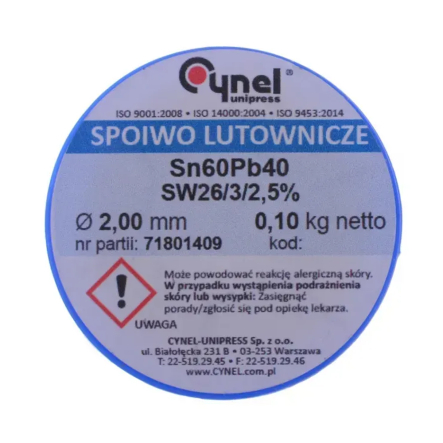 Припой оловянно-свинцовый Sn60Pb40-SW26/2,5% диам - 2мм, 100гр, з флюсом, 13-0930