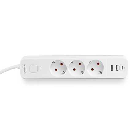Удлинитель сетевой 3 гнезда 3м 1.5мм 2.4А 2USB Type-C з/з, белый, VIDEX ONCORD , VF-PD33G2U1C-W