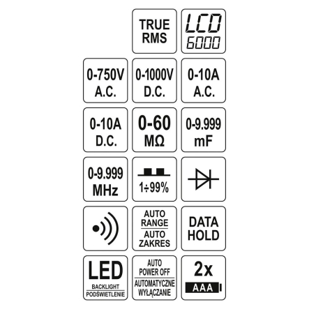 Мультиметр TRUE RMS электрических параметров YATO YT-73096 с LCD-цифровым диапазоном 6000