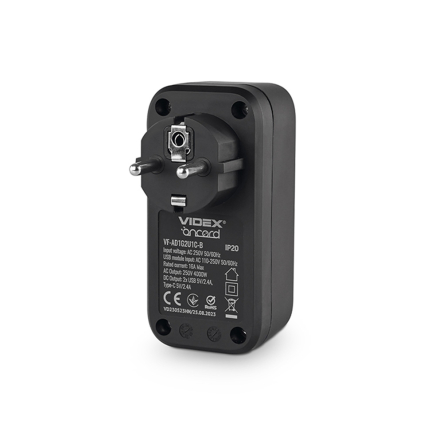 Адаптер сетевой VIDEX ONCORD VF-AD1G2U1C-B 1 розетка 2.4A 2 USB Type-C, з заземлением