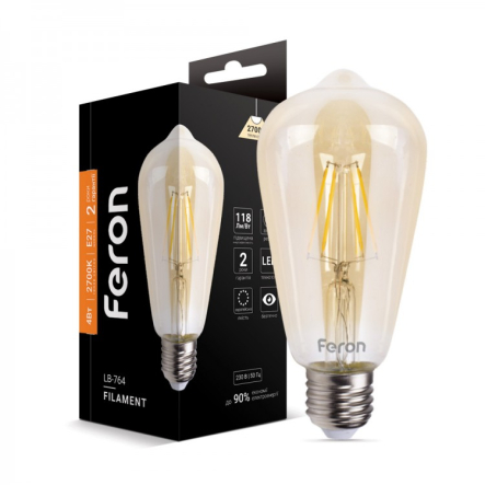 Лампа LED FERON LB-764, 4W, 2700K, E27, 220V, ST64, Filament, золото, 5782 - 1