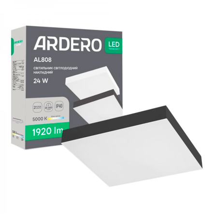 Светильник LED накладной FERON AL808ARD, 24W, 5000K, 1920Lm, квадрат 191х191х26 мм, чёрный - 1