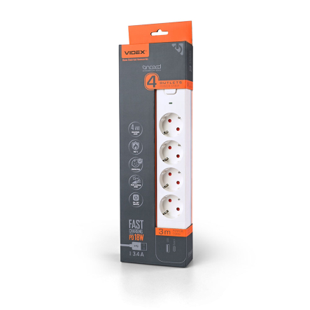 Удлинитель сетевой 4 гнезда 3м (3x1.5мм) 3.4А USB(QC3.0) +USB-C(PD18W) белый, VIDEX ONCORD, VF-PD43G1QC1PD-W - 1