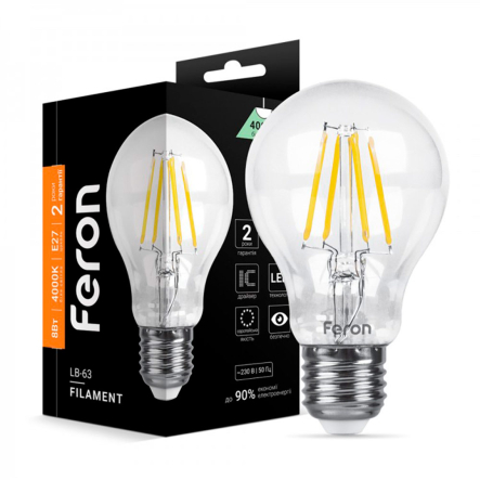 Лампа LED FERON LB-63, 8 Вт, 4000K, E27, 220 В, A60, Filament, 6485 - 1