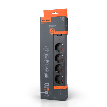 Удлинитель сетевой 4 гнезда 3м (3x1.5мм) 3.4А USB(QC3.0) +USB-C(PD18W) черный, VIDEX ONCORD, VF-PD43G1QC1PD-B - 1