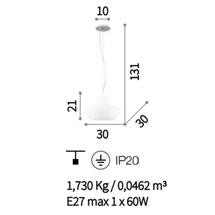 Подвес Ideal Lux ALADINO 37315, SP1 D30 Bianco, Е27, 30х131 см - 2