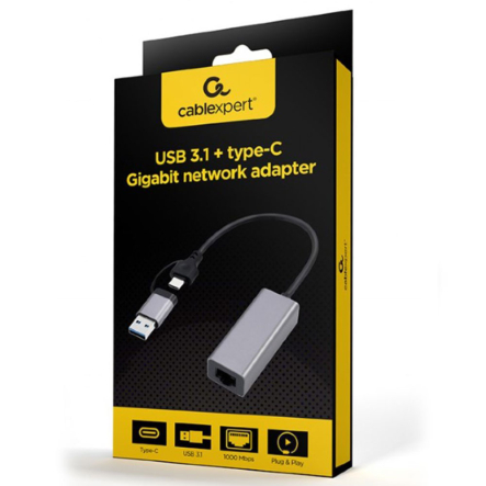 Адаптер з USB Type-A/C на Gigabit Ethernet, Cablexpert A-USB3AC-LAN-01