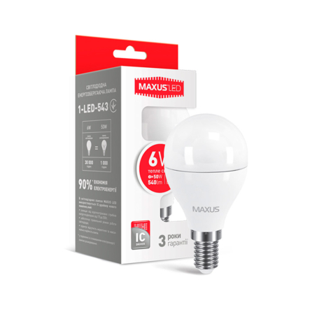 Лампа LED MAXUS, 6 Вт, 3000K, E14, 220 В, G45 - 1