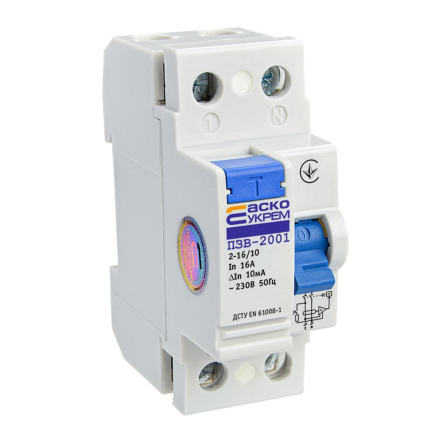 Автоматический выключатель дифференциального тока АСКО-УКРЕМ ПЗВ-2001, 2р, 16А/10мА, A0020010001