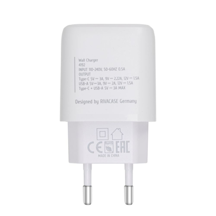 Зарядное устройство, RIVACASE PS4192 W00 (White), 1 USB-A + 1 Type-C, QC 3.0+PD 20W, белое