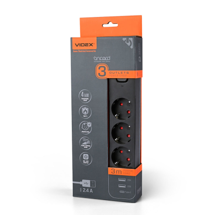 Удлинитель сетевой 3 гнезда 3м 1.5мм 2.4А 2USB Type-C з/з, черный, VIDEX ONCORD, VF-PD33G2U1C-B - 1