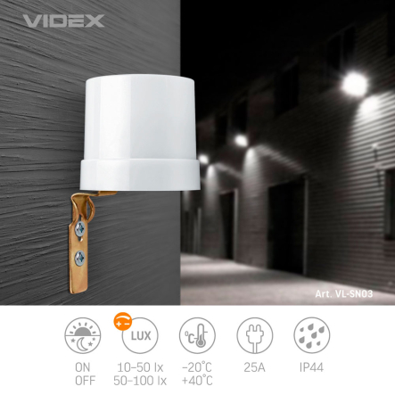 Датчик освещенности VIDEX VL-SN03, 25A, фотометрический, 25885 Датчик освещенности VIDEX VL-SN03, 25A, фотометрический, 25885