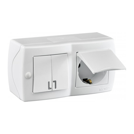 Вимикач 2кл+розетка із заземленням з накладною кришкою Mono Electric, OCTANS, IP 20, білий, 104-010101-187 - 1