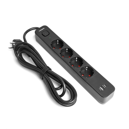 Удлинитель сетевой 4 гнезда 3м (3x1.5мм) 3.4А USB(QC3.0) +USB-C(PD18W) черный, VIDEX ONCORD, VF-PD43G1QC1PD-B