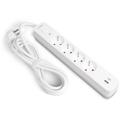 Удлинитель сетевой 4 гнезда 3м (3x1.5мм) 3.4А USB(QC3.0) +USB-C(PD18W) белый, VIDEX ONCORD, VF-PD43G1QC1PD-W