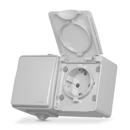 Розетка наружная 1-я с заземлением и 1 кл. выключатель VIDEX BINERA, серая, IP65, VF-BNW3-G - 1
