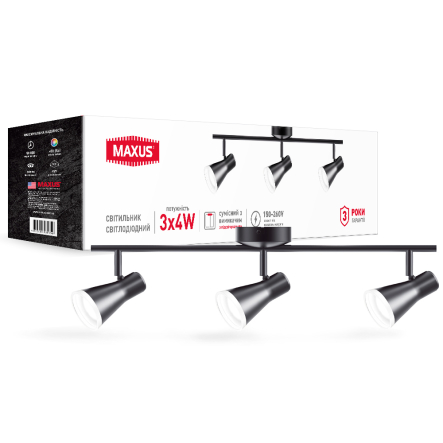Спотовий світильник на 3 лампи MAXUS MSL-02C, 12W, 4100K, чорний - 1