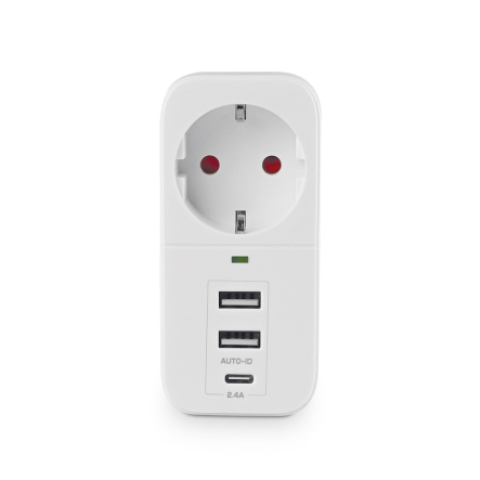 Адаптер сетевой VIDEX ONCORD VF-AD1G2U1C-W, 1 розетка, 2 USB + Type-C (2,4 А)