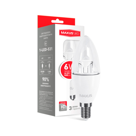 Лампа LED MAXUS, C37 CL-C 6 Вт, 3000K, E14, 220 В, - 1