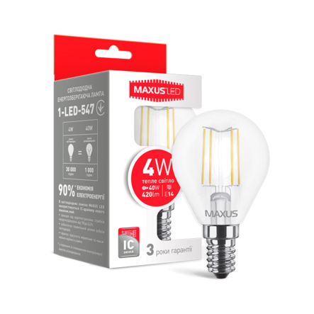Лампа LED MAXUS Filament, 1-LED-547, 4 Вт, 3000K, E14, 220 В, G45, тепле світло - 1