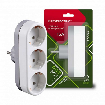 Трійник мережевий EUROELECTRIC EE-3-16A, 230В, 16A, 3 розетки., з заземленням - 1