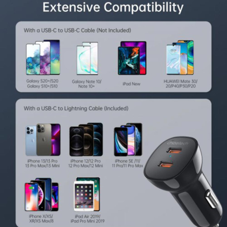 Зарядное устройство автомобильное Choetech TC0008-BK, 2 порта, 40Вт, QC3.0+PD, черный