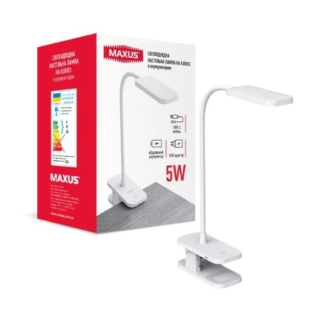 Настільна лампа акумуляторна LED MAXUS Desk Lamp 5W, 5000K, WH CLIP Battery, біла кліпса - 1