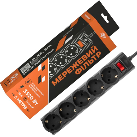 Фильтр-удлинитель Logic Power LP-X5-5, (3520Вт) 5 гнезд, 5 м, PREM Black - 1