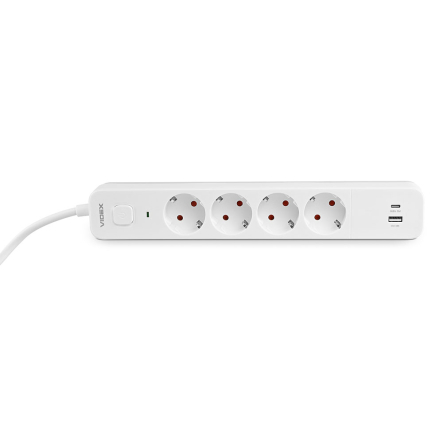 Удлинитель сетевой 4 гнезда 3м (3x1.5мм) 3.4А USB(QC3.0) +USB-C(PD18W) белый, VIDEX ONCORD, VF-PD43G1QC1PD-W