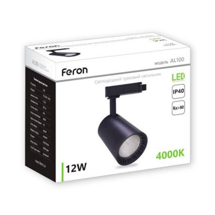 Светильник трековый FERON, AL102 COB, 12W, 960Lm, 4000K, IP40, 80х129х182 мм, черный, 5811 Светильник трековый FERON, AL102 COB, 12W, 960Lm, 4000K, IP40, 80х129х182 мм, черный, 5811