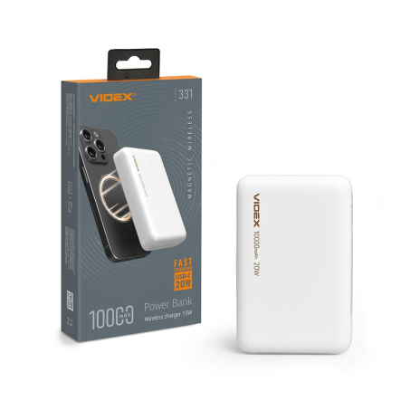 Повербанк (УМБ) VIDEX VPB-331, 10000mAh Wireless 15W+PD20W, бездротова зарядка, білий - 1