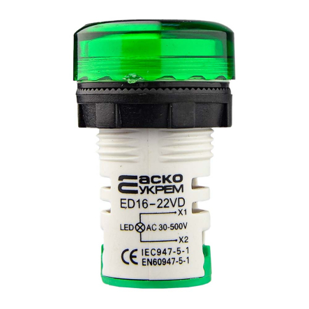 Вольтметр круглый АСКО-УКРЕМ ED16-22VD, A0190010017, 30-500В АС, зелёный, врезной монтаж