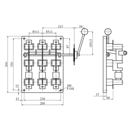 Рубильник РПБ 400А, с боковой рукояткой левой, покрытие оловом, Украина