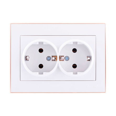 Розетка Lezard RAIN подвійна с заземлением, біла, з бічною вставкою золото, 703-0226-127В - 1