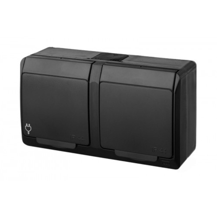 Розетка накладная двойная, черная, IP44, Elektro-Plast Hermes, 0325-09 - 1