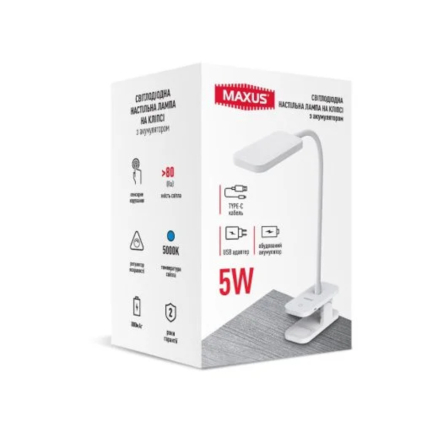Настольная лампа аккумуляторная LED MAXUS Desk Lamp 5W, 5000K, WH CLIP Battery, белая клипса