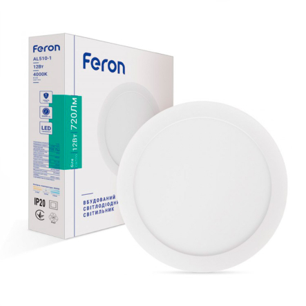 Светильник светодиодный FERON AL510-1, 12W, 4000K, 720Lm, круглый, встраиваемый, 165x13,5мм, Ø143, белый, 7572 - 1