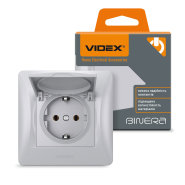 Розетка VIDEX BINERA одинарная, с заземлением, и с крышкой, серебряный шелк, VF-BNSK1GC-SS