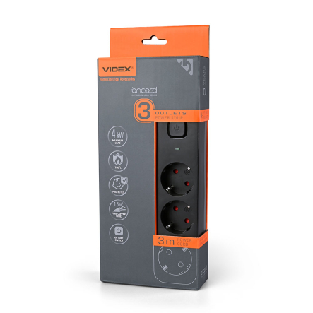 Удлинитель сетевой 3 гнезда 3м (3x1.5мм) с з/з, черный, VIDEX ONCORD, VF-PD33G-B - 1