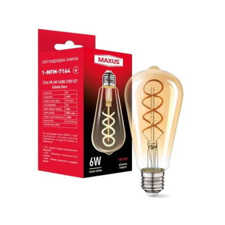 Лампа LED MAXUS 1-MFM-7164, 6W, 2400K, E27, 220V, ST64, FM Golden Deco Filament - 1