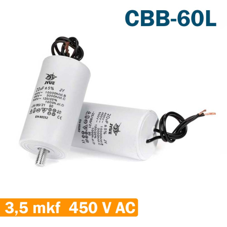 Конденсатор для запуску JYUL СВВ-60L 3,5 mkf 450V кріплення болт, вивід провід (30*50 mm) - 1