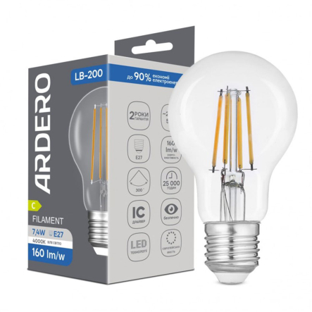 Лампа LED Ardero LB-200, 7,4W, 4000K, E27, 220V, A60, filament - 1
